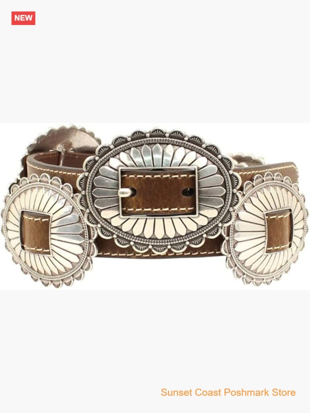 Vintage Western Oval Concho Belt with Floral Silver Buckle